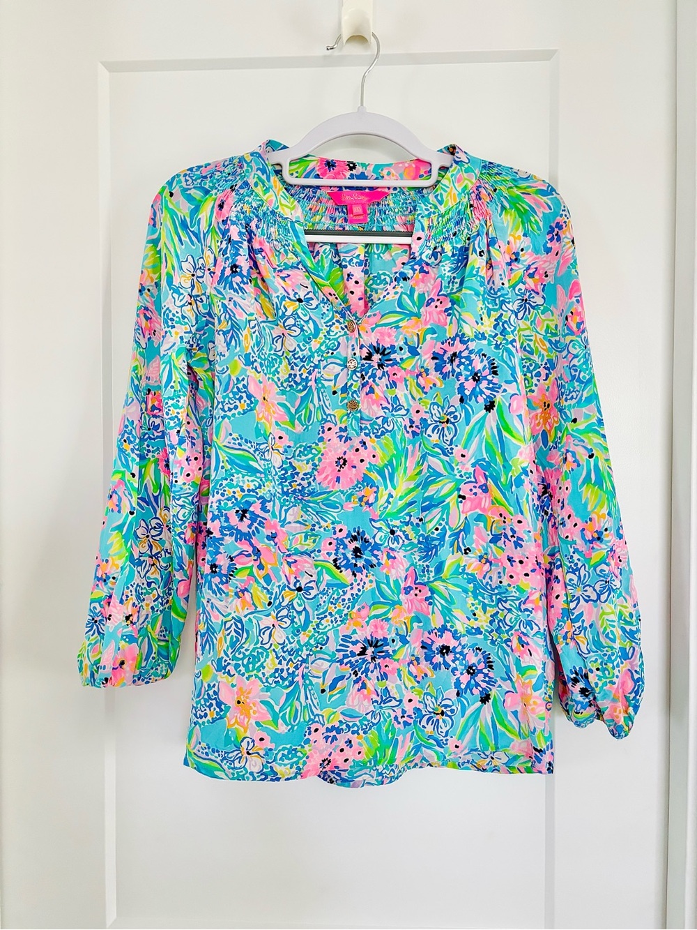 Lilly Pulitzer Blouse Blue and Pink Floral Blouse for Summer
